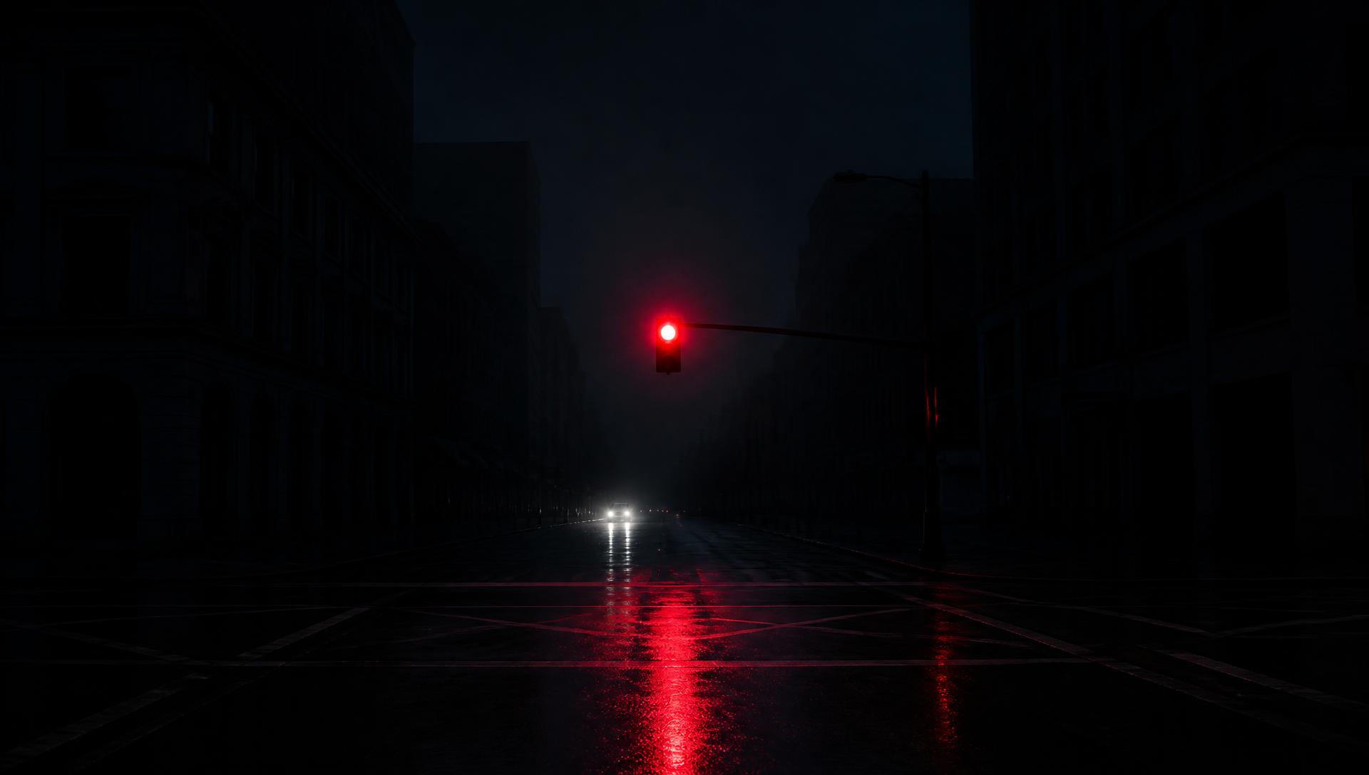 City intersection during a power outage with surrounding buildings dark and a single traffic signal showing a red indication